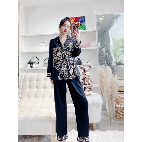 Bồ Pyjama Nữ Tay Dài Quần Dài Mặc Nhà Cổ Vét Siêu Sang