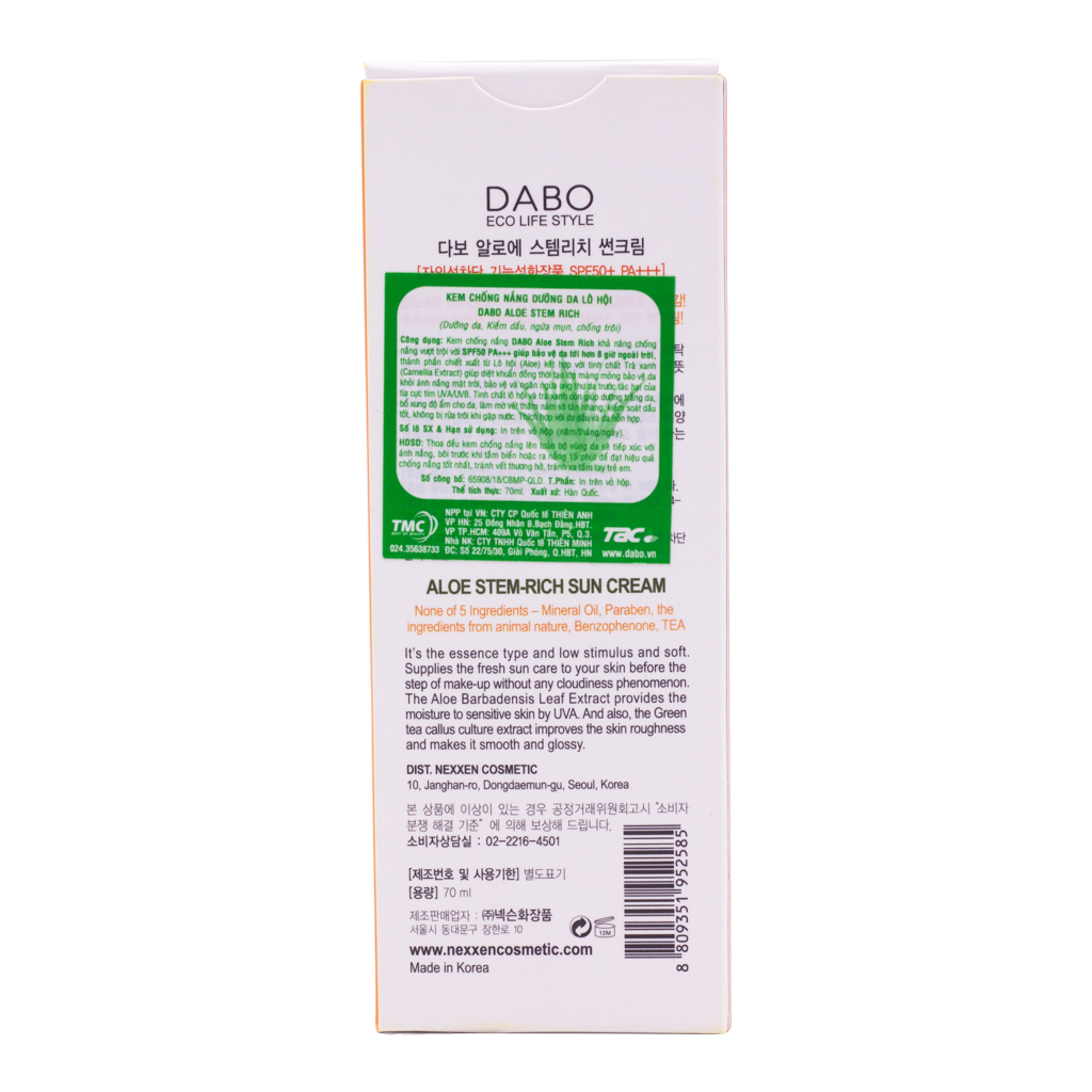 Kem chống nắng dành cho da dầu tinh chất Lô Hội DABO Aloe Stem Rich SPF50 PA+++ (70ml) – Hàng Chính Hãng