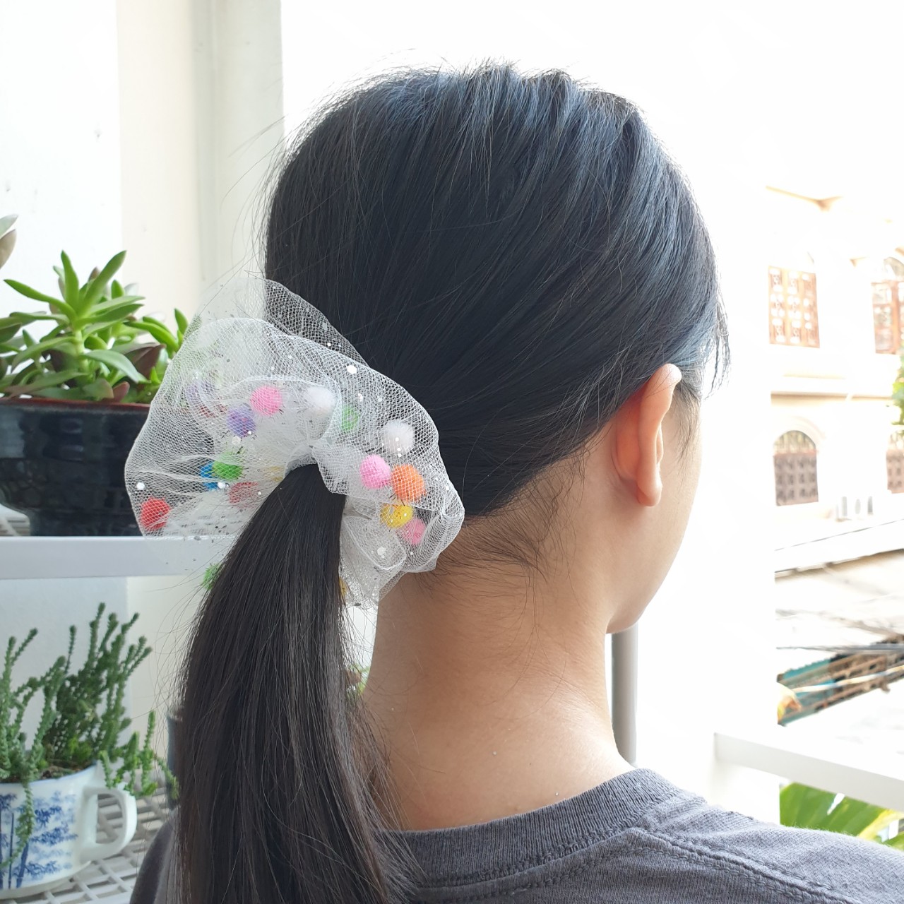 CỘT TÓC SCRUNCHIES LƯỚI KIM TUYẾN THÊM HẠT CẦU VỒNG LẤP LÁNH SIÊU XINH CJ6