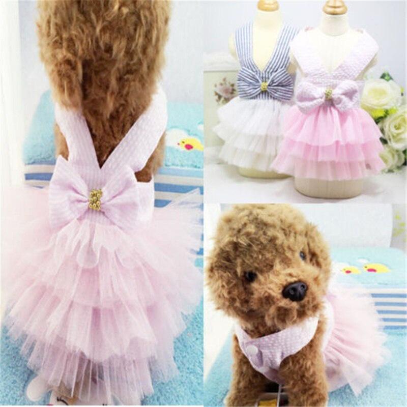 New Puppy Tutu Dress Bowknot Net Gauze Stripe Print Princess Apparel Clothes for Dog and Cat Dog Dresses