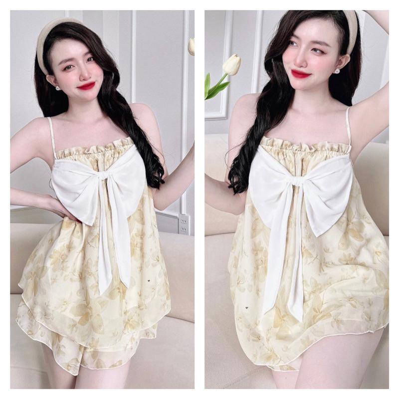 Đồ Bộ Nữ Bigsize &lt; 70kg, Bộ Mặc Nhà Nữ Voan Nơ trắng, quần giả váy, có lót