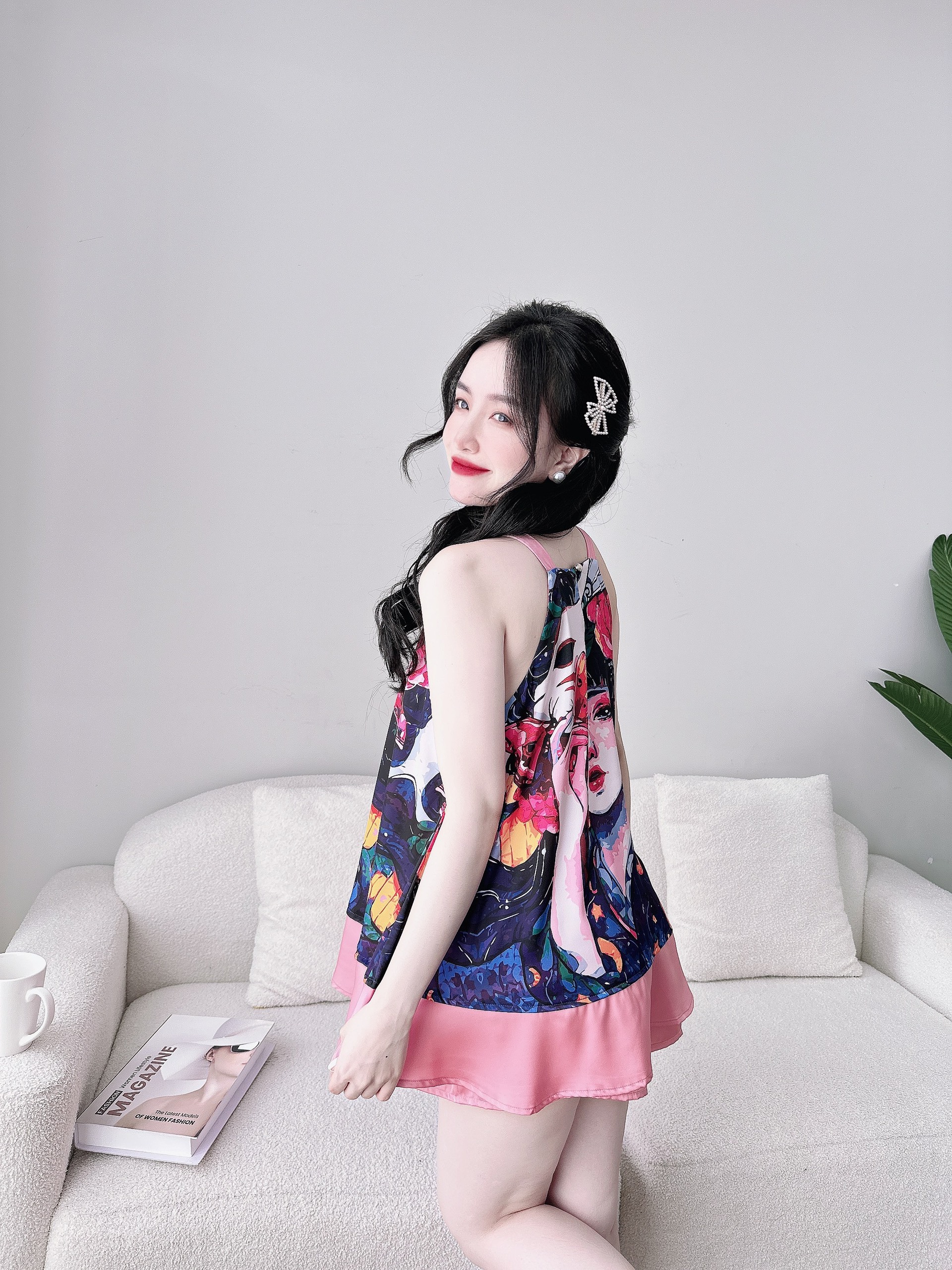 Đồ bộ mặc nhà, đồ ngủ 2 dây cổ YẾM CHIFFON chất lụa Tơ tằm cao cấp in full 5D siêu phẩm