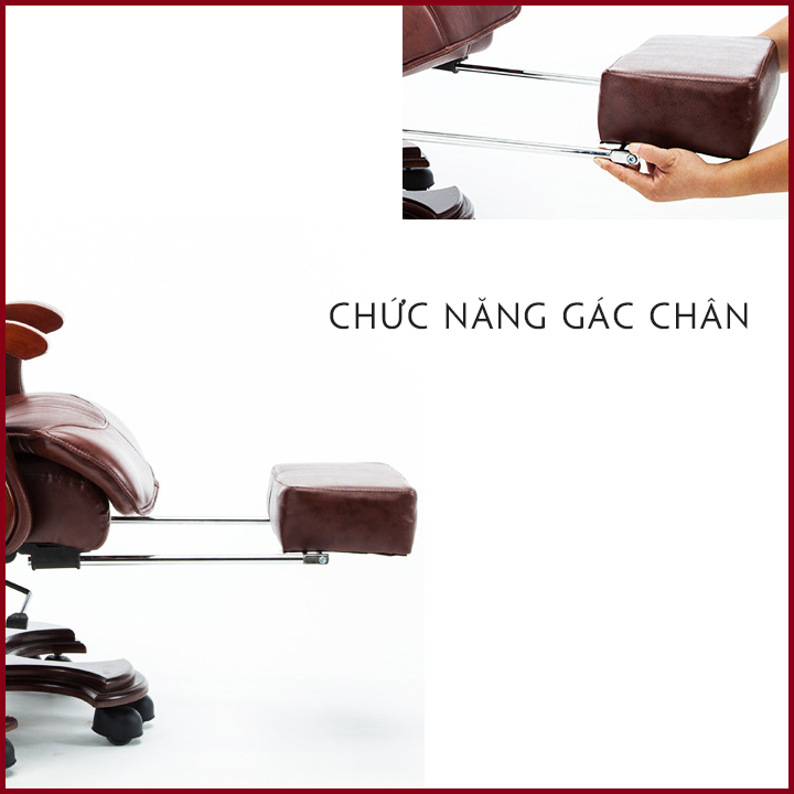 Ghế Da Văn Phòng Cao Cấp. Ghế Chủ Tịch - Ghế Boss Massage Lưng 7 Điểm - Có Gác Chân. Tay Ốp Gỗ Sang Trọng, Hiện Đại