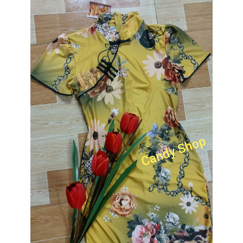 Đầm body sườn xám cổ tàu hoạ tiết xịn xò + Ảnh thật