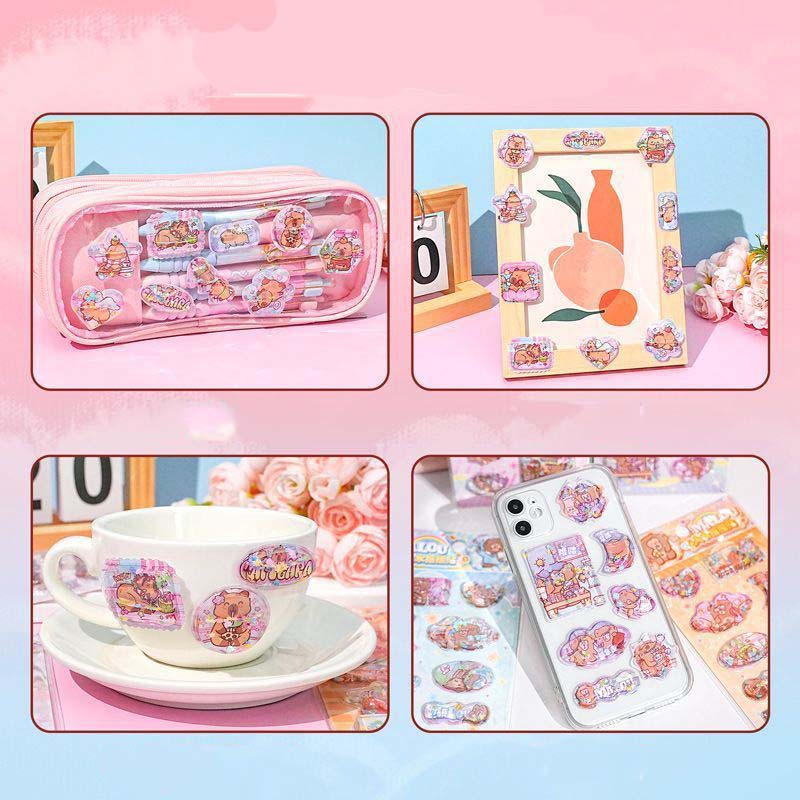 Set 10 Hình/ Tấm Sticker Hình Dán 3D Nước Kim Tuyến CAPYBARA Lấp Lánh Cute Decor Trang Trí Sổ Tay