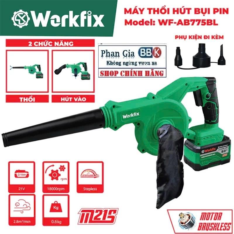 Máy thổi hút bụi pin WORKFIX WF-AB775BL, Động cơ Không chổi than, 2 chức năng, Cò điều tốc