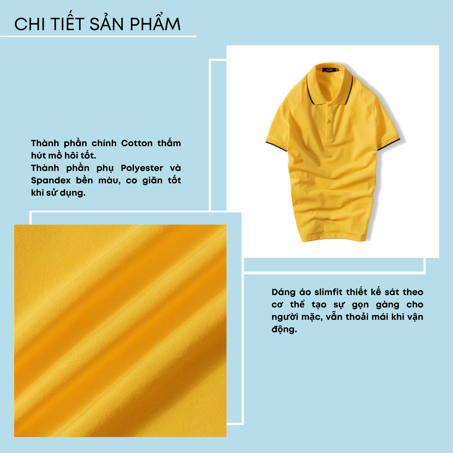 Áo polo nam ADINO màu vàng phối viền vải cotton co giãn dáng slimfit trẻ trung AP74