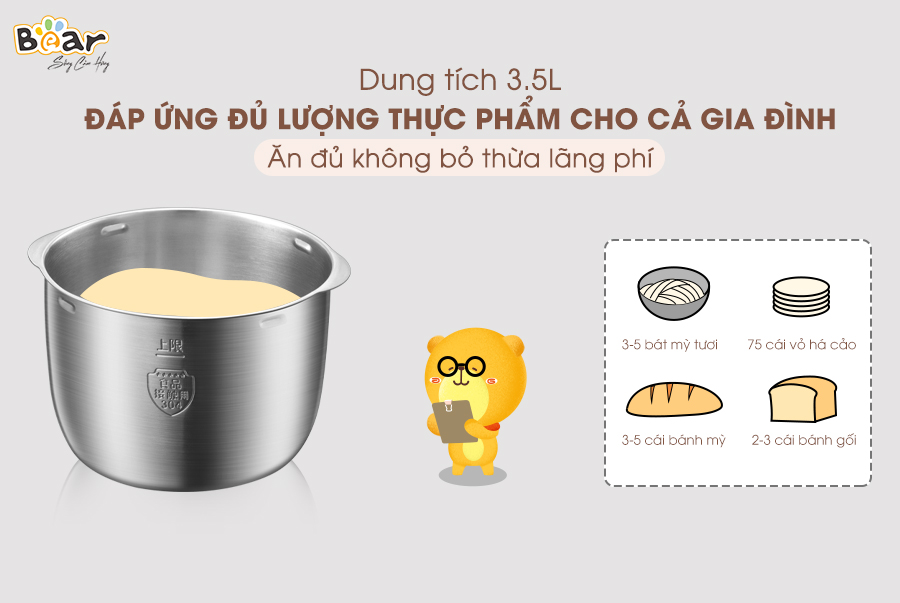 Máy Làm Bánh, Máy Trộn Bột Ủ Bột Lên Men Tự Động BEAR Chống Dính Bột Dung Tích 3.5 Lít Công Suất 120 W - Hàng Chính Hãng