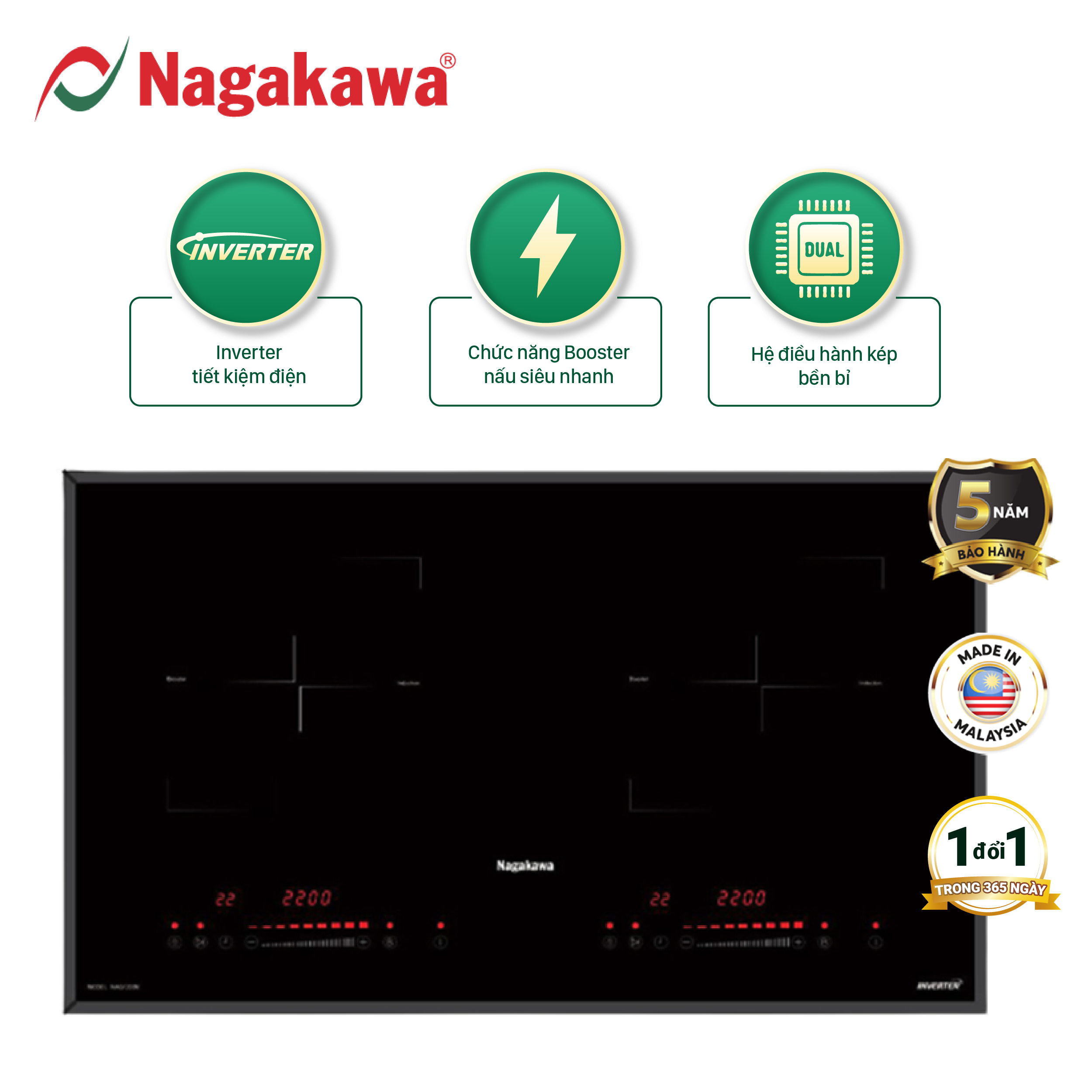 Miễn phí giao lắp toàn quốc - Bếp Âm Từ Đôi Premium Nagakawa NAG1202M (73 cm) - Made in Malaysia - Bảo hành 5 năm - Hàng Chính Hãng