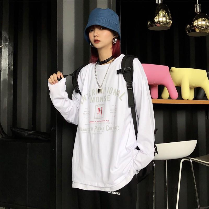 Áo thun nam tay dài form rộng Unisex Oversize in chữ International chất thun cotton co giãn thoáng mát form 50-70kg mặc