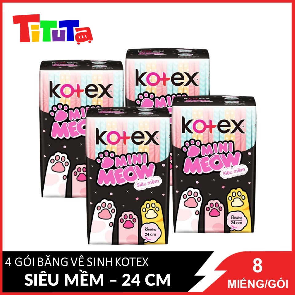 Combo 4 Băng Vệ Sinh Kotex Mini Meow Siêu Mềm 8 Miếng - 24 Cm