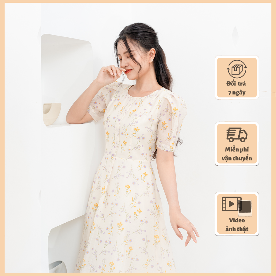 Váy hoa nhí cổ tròn dáng tiểu thư v235