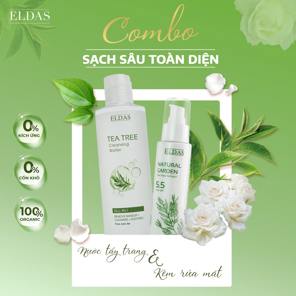 Combo Nước tẩy trang ELDAS cho da nhạy cảm 250ml &amp; Sữa rửa mặt ELDAS dạng GEL Tinh chất TRÀM TRÀ 120ml