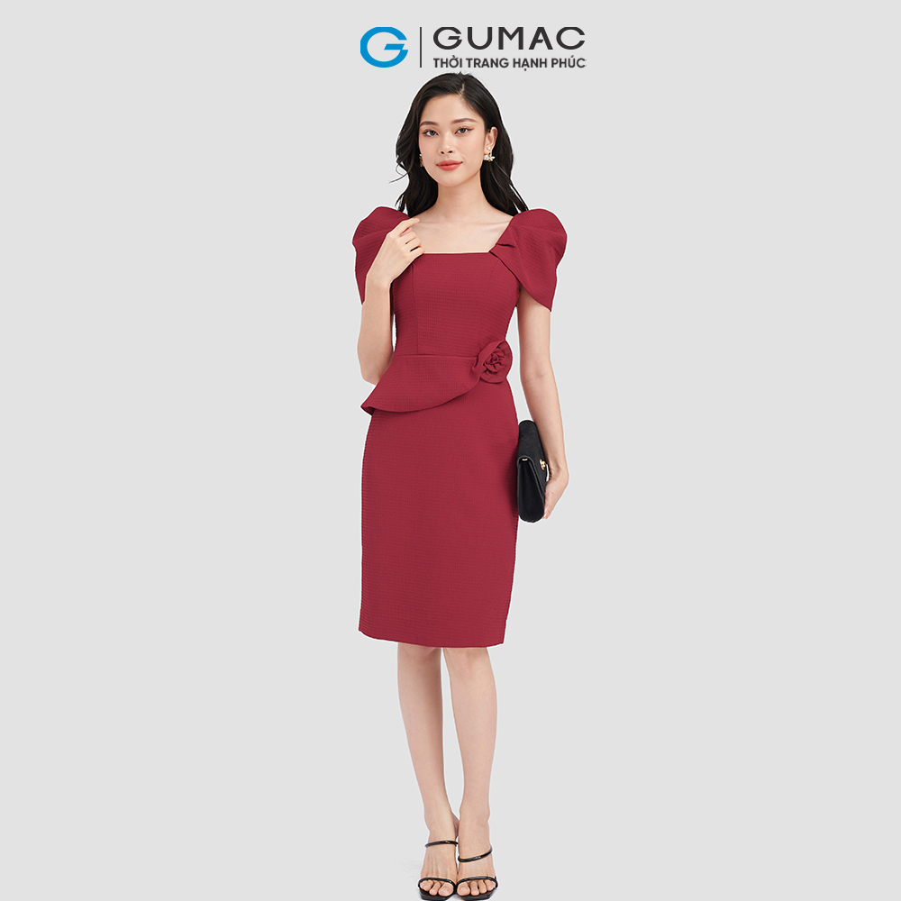 Đầm bút chì 2 lớp GUMAC DVC08132 peplum hoa tay xếp thời thượng