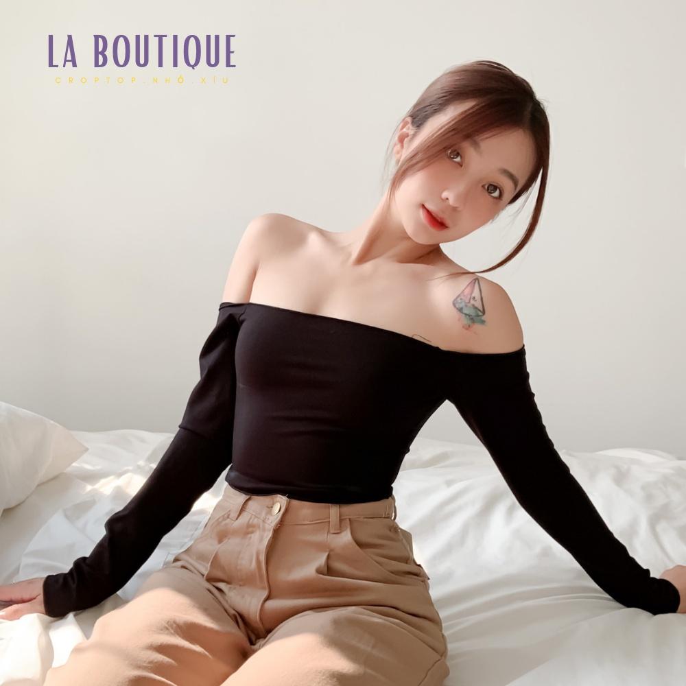 Hình ảnh Áo croptop nữ La Boutique trễ vai tay dài freesize thun co giãn 4 chiều, phù hợp đi chơi dạo phố nhẹ nhàng