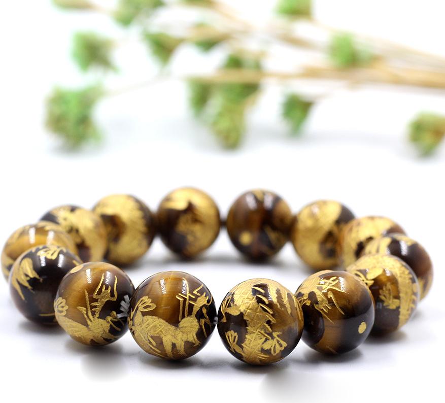 Vòng Tay Đá Mắt Hổ Vàng Chạm Rồng 14MM