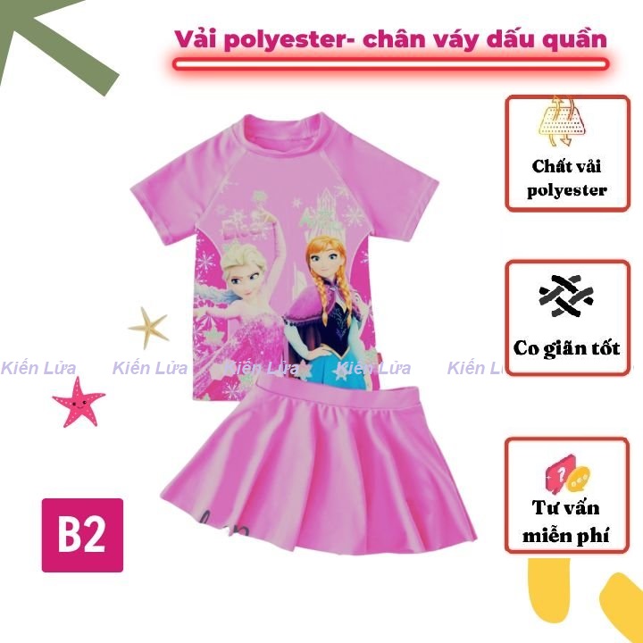 Đồ bơi bé gái tay ngắn hình Elsa từ 14-40kg, quần giả váy tạo cảm giác tự tin- thoải mái - kín đáo