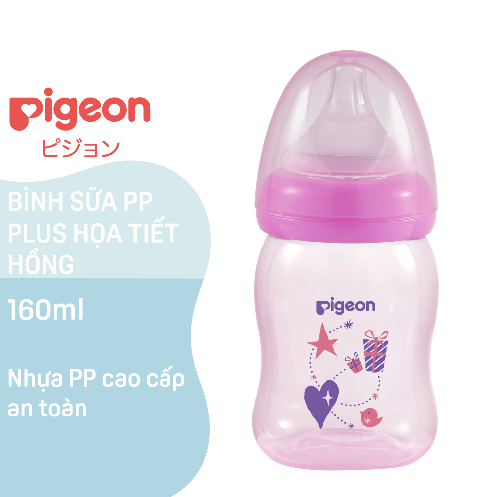 Bình sữa cổ rộng PP Plus họa tiết xanh/hồng Pigeon 160ml