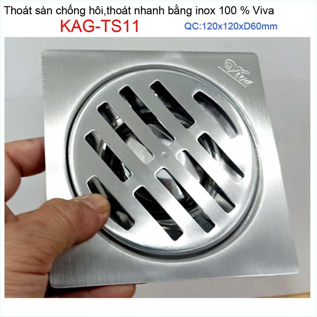 Hố ga thoát sàn inox đúc liền ống 6cm Inox mờ, phễu thoát nước chống hôi D60 vuông 12x12cm KAG-TS11