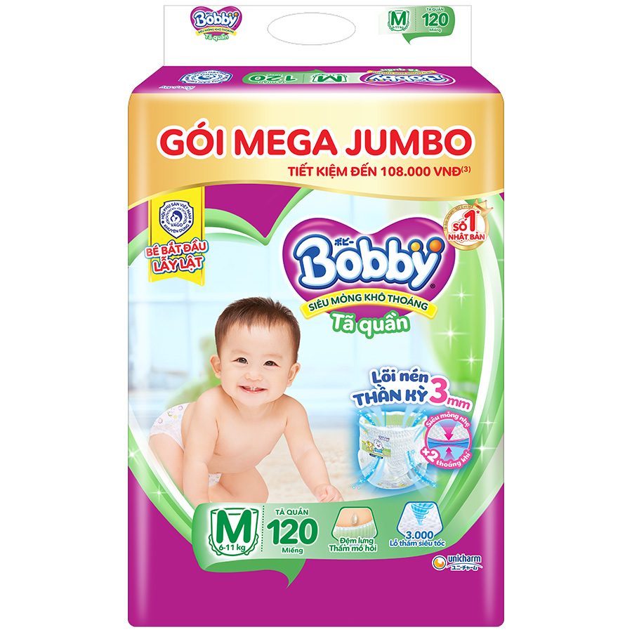 Tã quần Bobby Mega Jumbo M120 - Lõi nén thần kì 3mm - Siêu mỏng khô thoáng bất ngờ