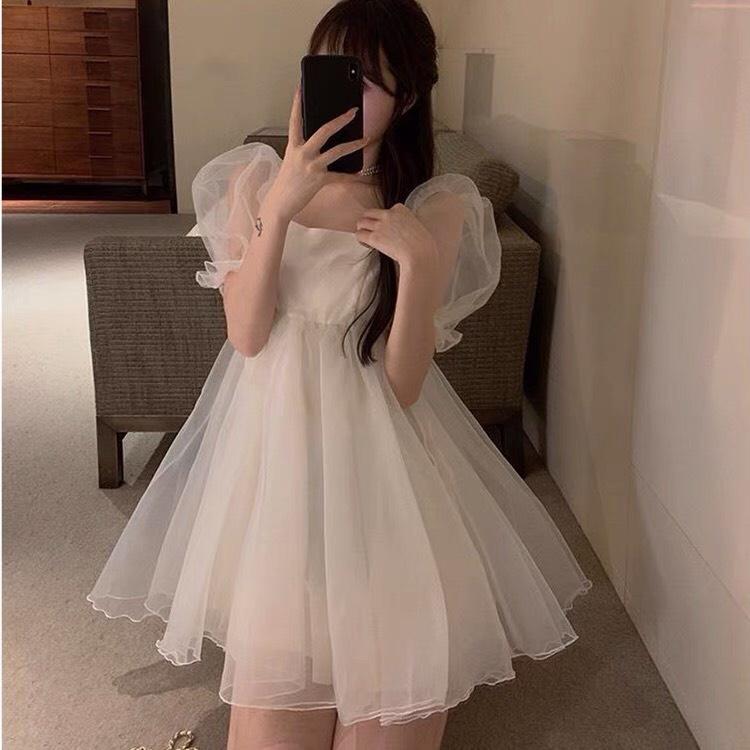 Đầm Babydoll Nữ Cổ Vuông Voan Kính Dáng Xòe Cộc Tay