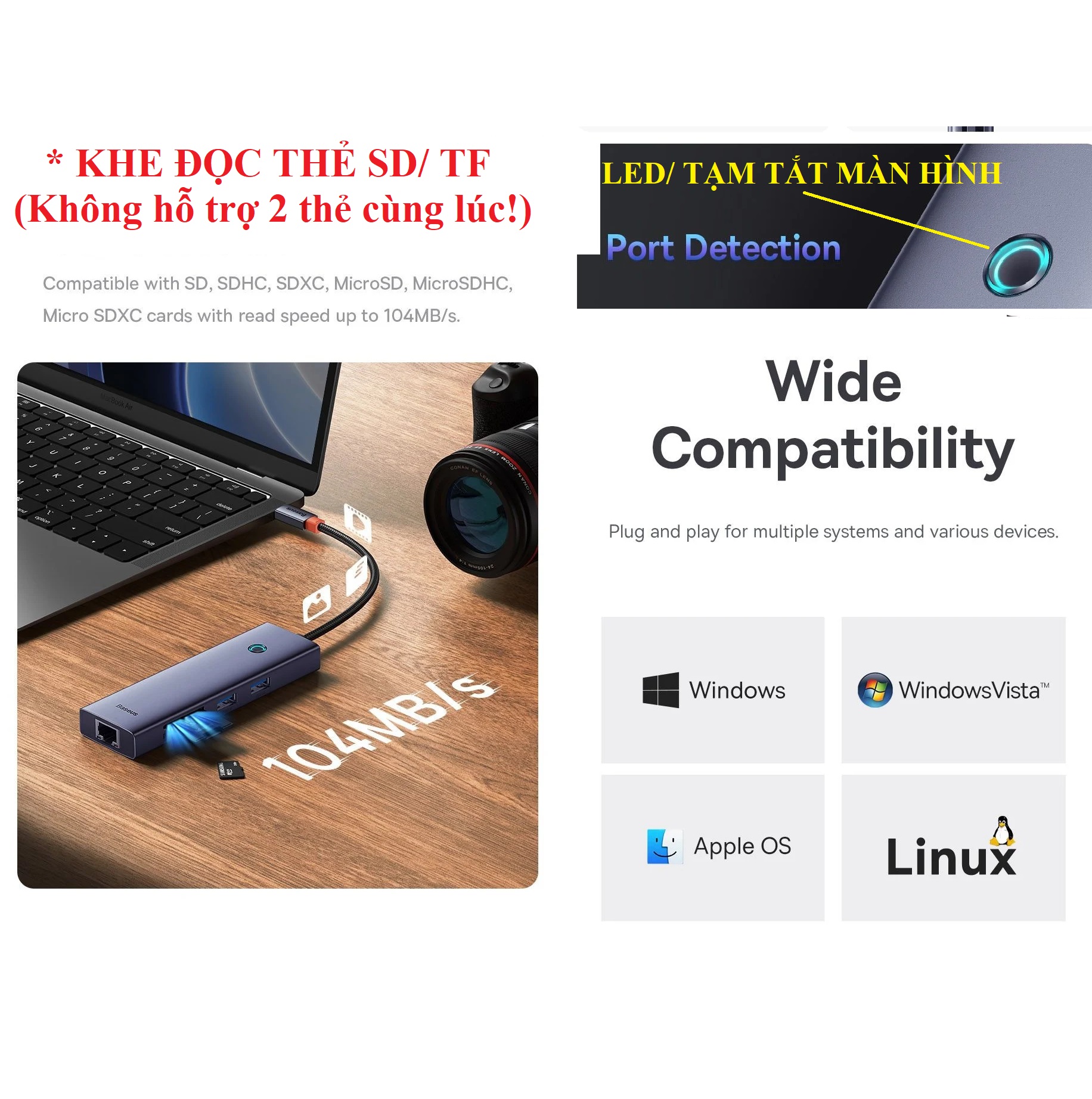 Hub C đa năng mở rộng cổng Macbook và laptop type C ra 7 cổng Baseus Flite docking station BS-OH112 _ Hàng chính hãng