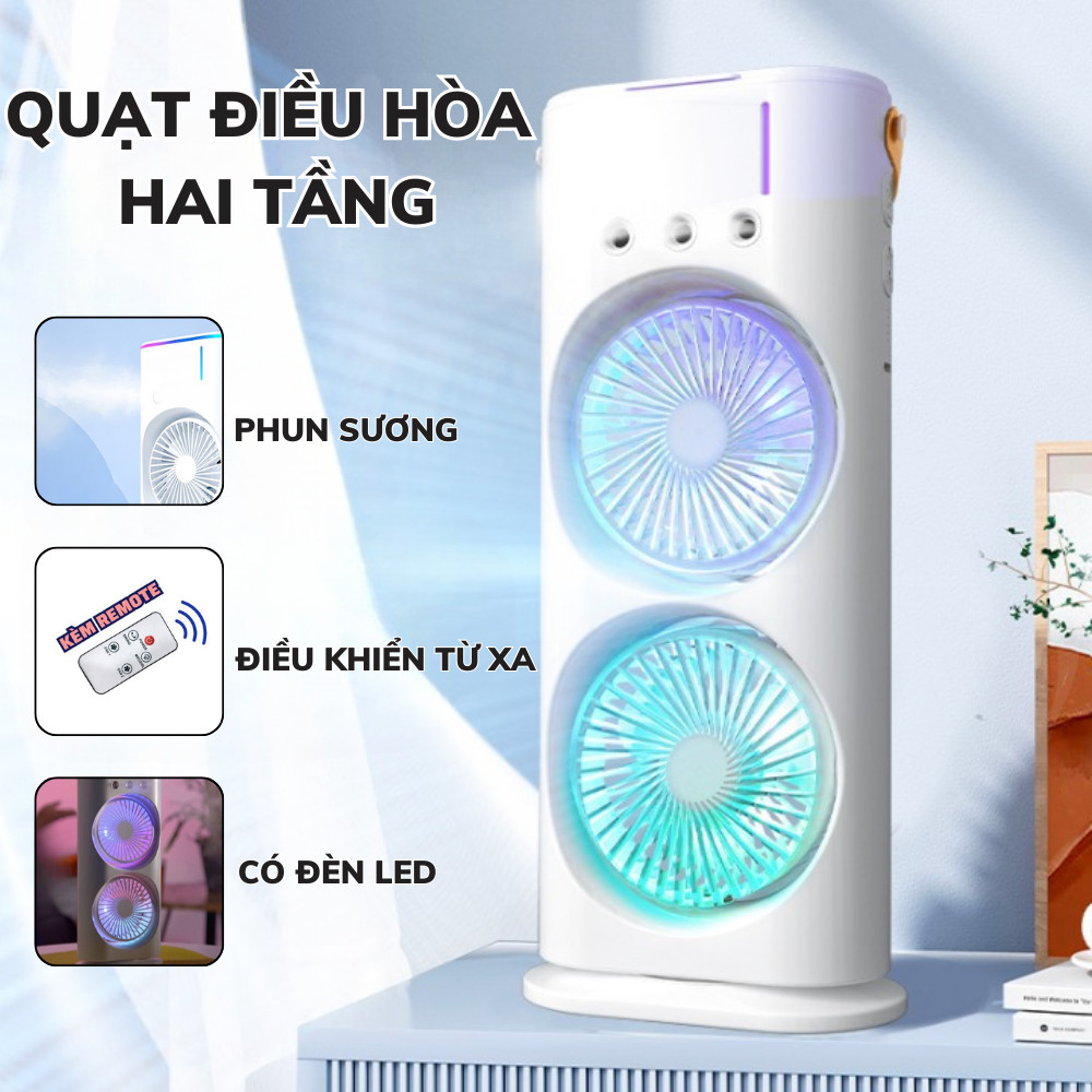 Quạt Hơi Nước Có Tích Điện, Quạt Phun Sương Mini 4 cánh, Quạt Để Bàn 2 Tầng Có Đèn Led, remote Tiện Lợi - Hàng Chính Hãng Double ended Spray Fan, Máy tạo ẩm