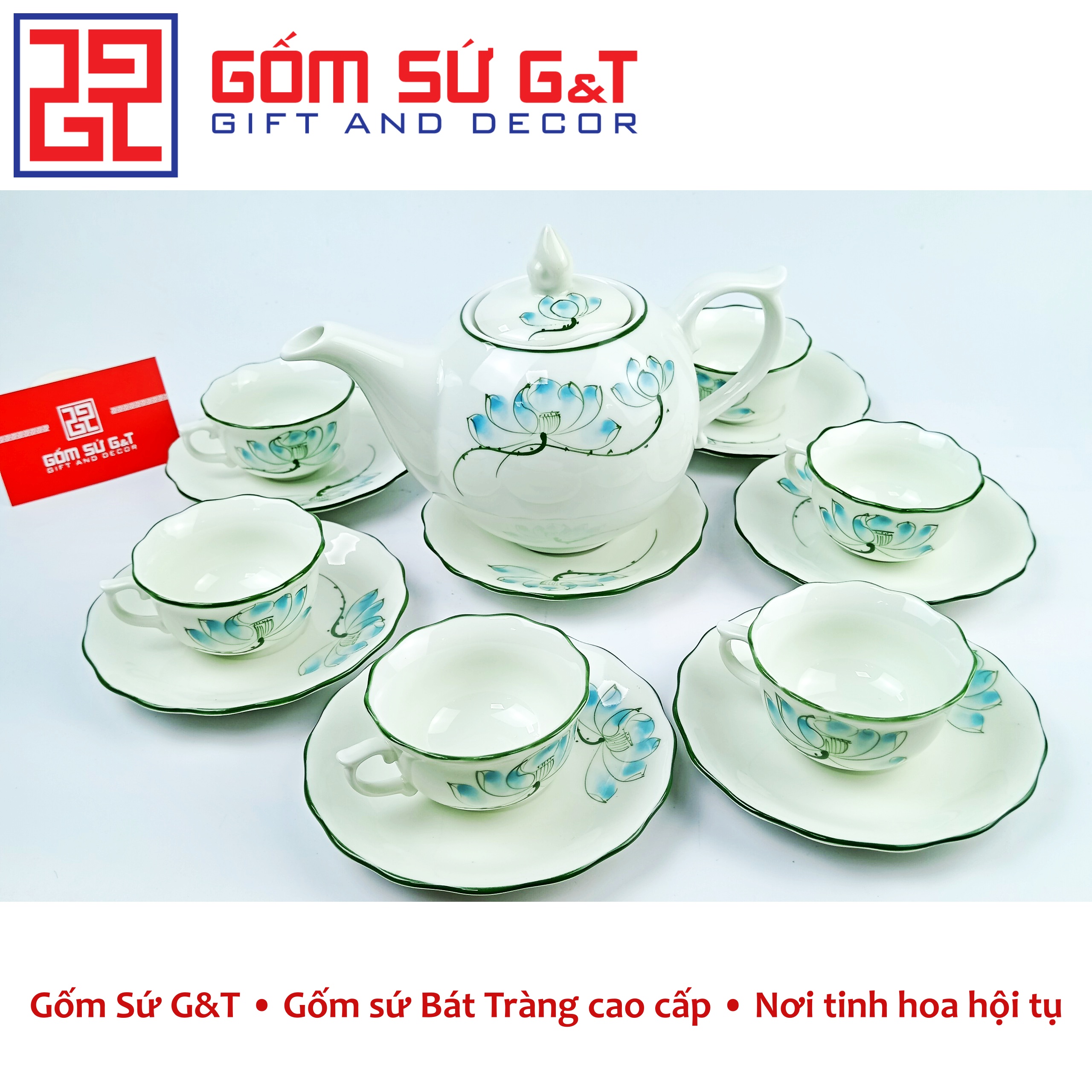 Bộ trà chóp lửa men kem vẽ sen xanh Gốm Sứ G&T