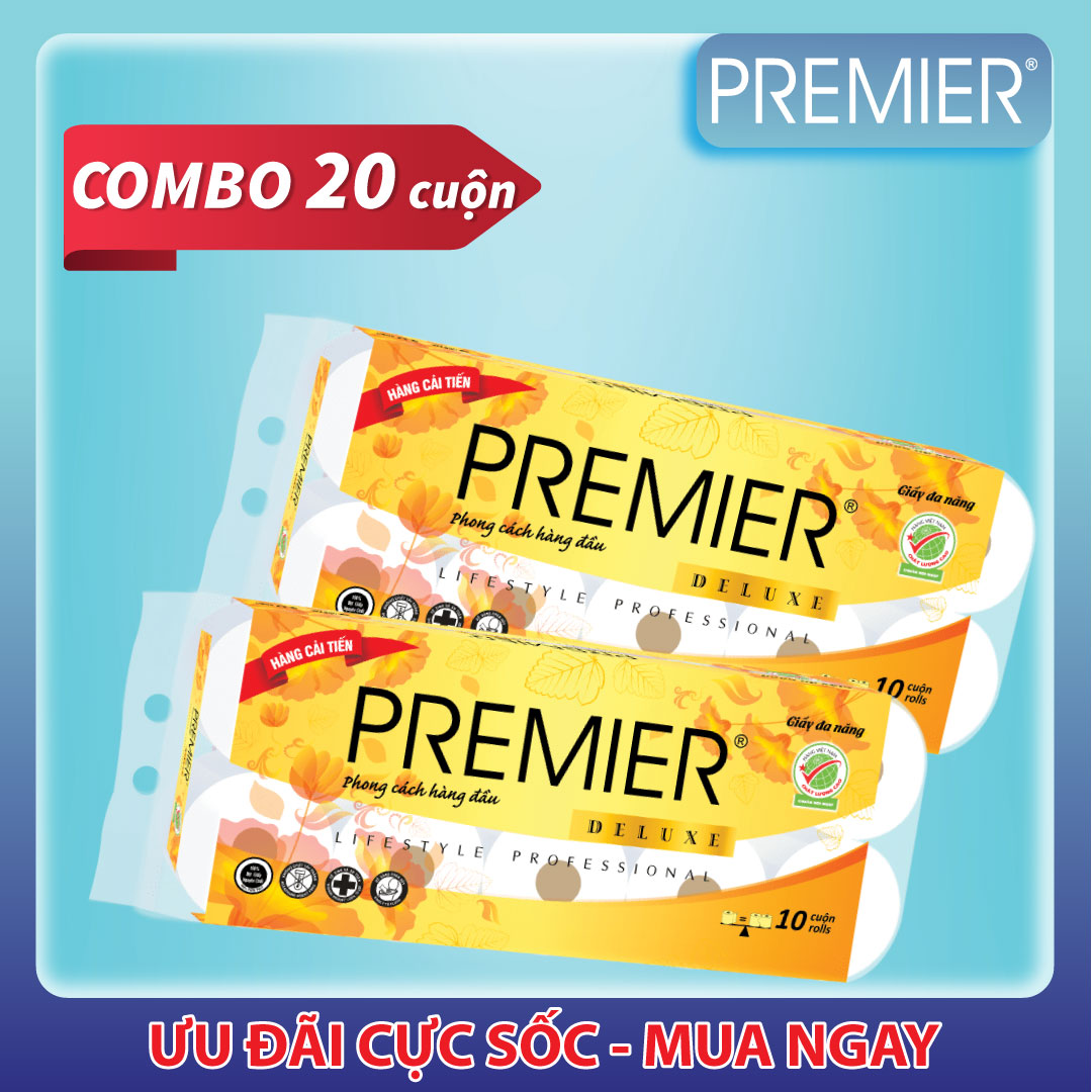 Giấy vệ sinh cao cấp Premier Deluxe có lõi, 3 lớp 100% bột giấy nguyên sinh, không chất tẩy lốc 10 cuộn