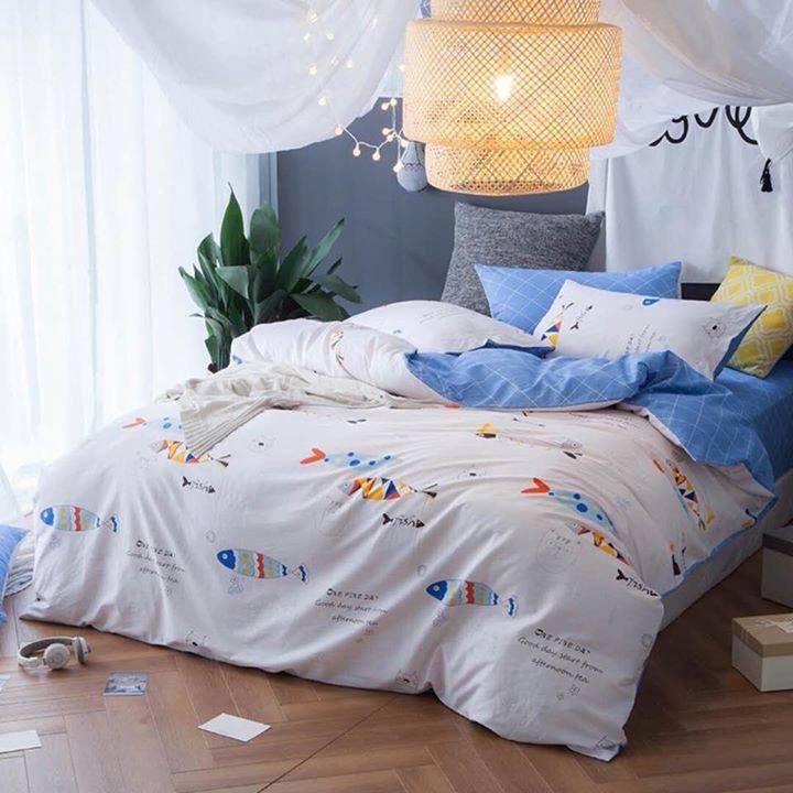BỘ CHĂN GA COTTON HỌA TIẾT CON CÁ