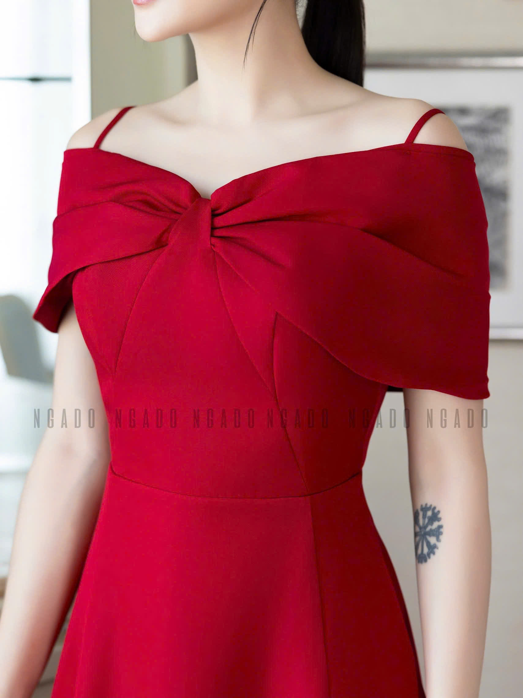 Đầm đỏ bẹt vai NGADO , đầm xòe dáng dài , đầm dự tiệc