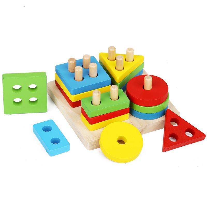 Xe Kéo Thả Hình Khối Đồ Chơi Gỗ Montessori ,Màu Sắc Đẹp,Luyện Kỹ Năng Tay và Học Màu Sắc,Hình Khối