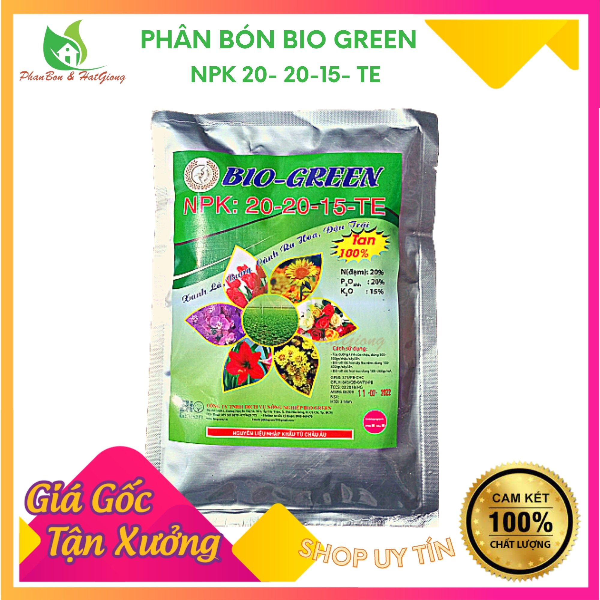 Phân Bón NPK 20 20 15 + TE BIO GREEN 500Gr Tan Trong Nước100% Chuyên Cho Hoa, Cây Cảnh Giúp Cây Ra Hoa, Hoa Đẹp, Lâu Tàn