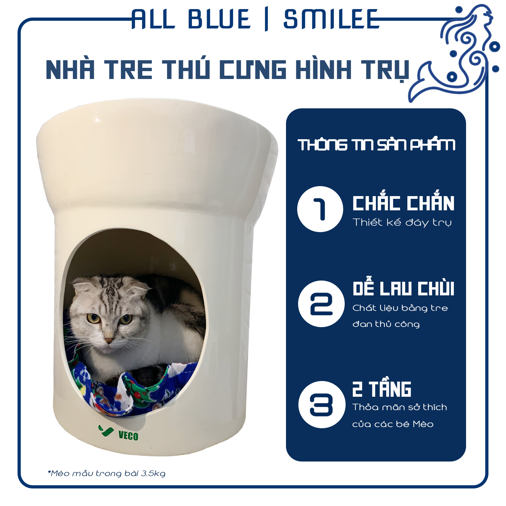 Nhà Cho Thú Cưng - Dạng Hình Trụ 2 tầng - Chất Liệu Tre Tự Nhiên - Tặng Kèm Đệm - Dành Cho Mèo Lớn