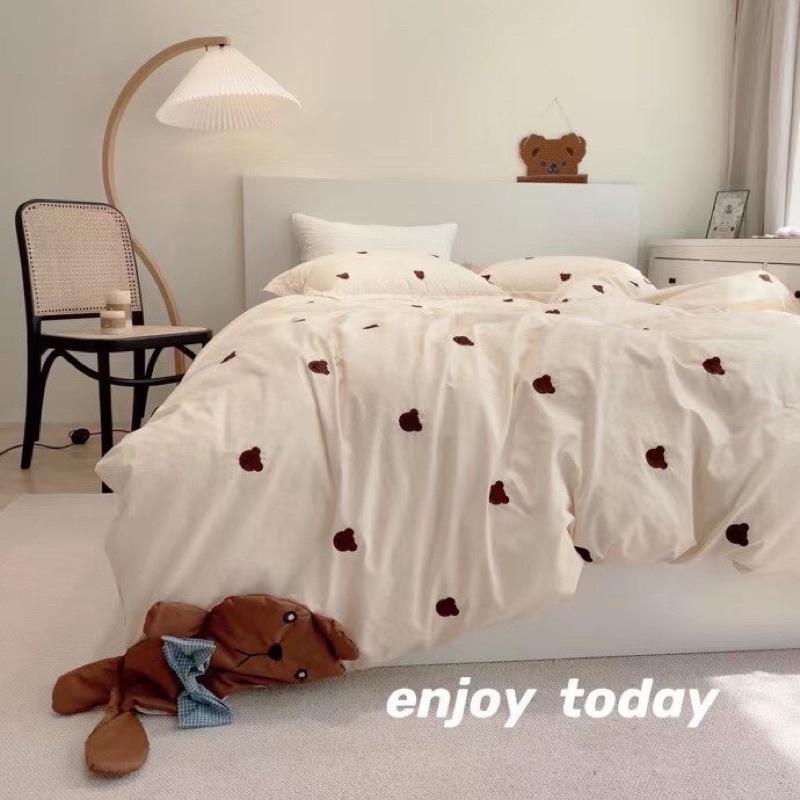 Bộ Chăn Ga Gối Cotton Hữu Cơ Hàng Nhập Khẩu Cao Cấp 4 Món Gấu Teddy Nơ