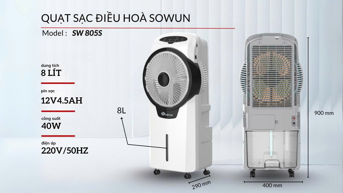 Quạt điều hòa tích điện Sowun SW 805S - Hàng chính hãng