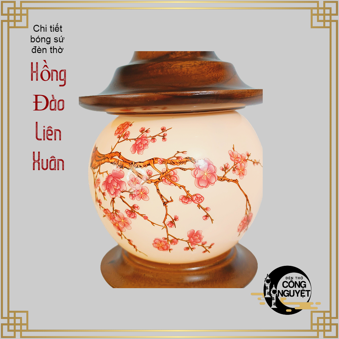 Đôi đèn thờ gỗ sứ cao cấp HỒNG ĐÀO LIÊN XUÂN