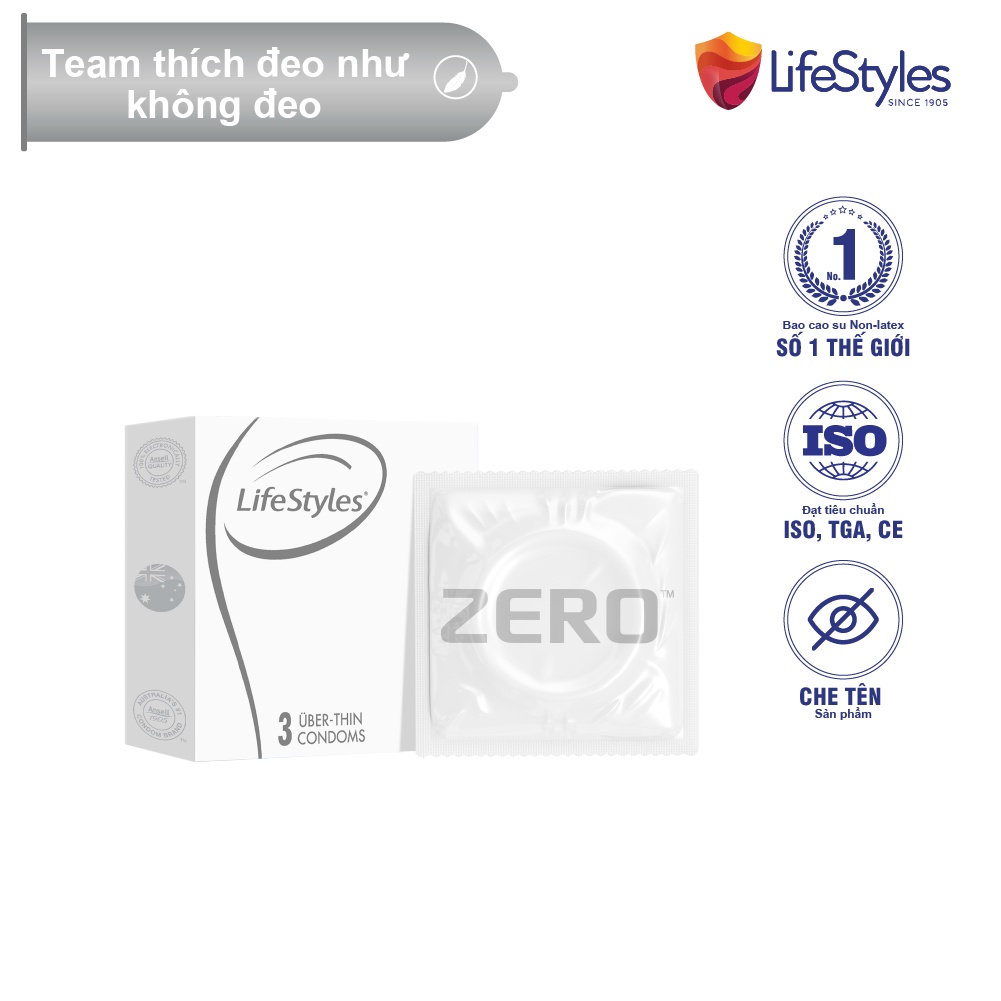 Bao Cao Su LifeStyles ZERO Cao Cấp Siêu Mỏng Tuyệt Đối, Dẻo Dai - Hộp 3 bao