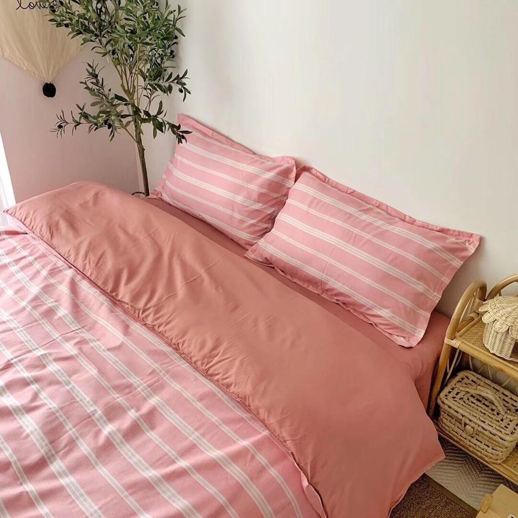 Bộ chăn ga Cotton Poly Hồng kẻ ngang Mẫu mới - Hàng nhập khẩu
