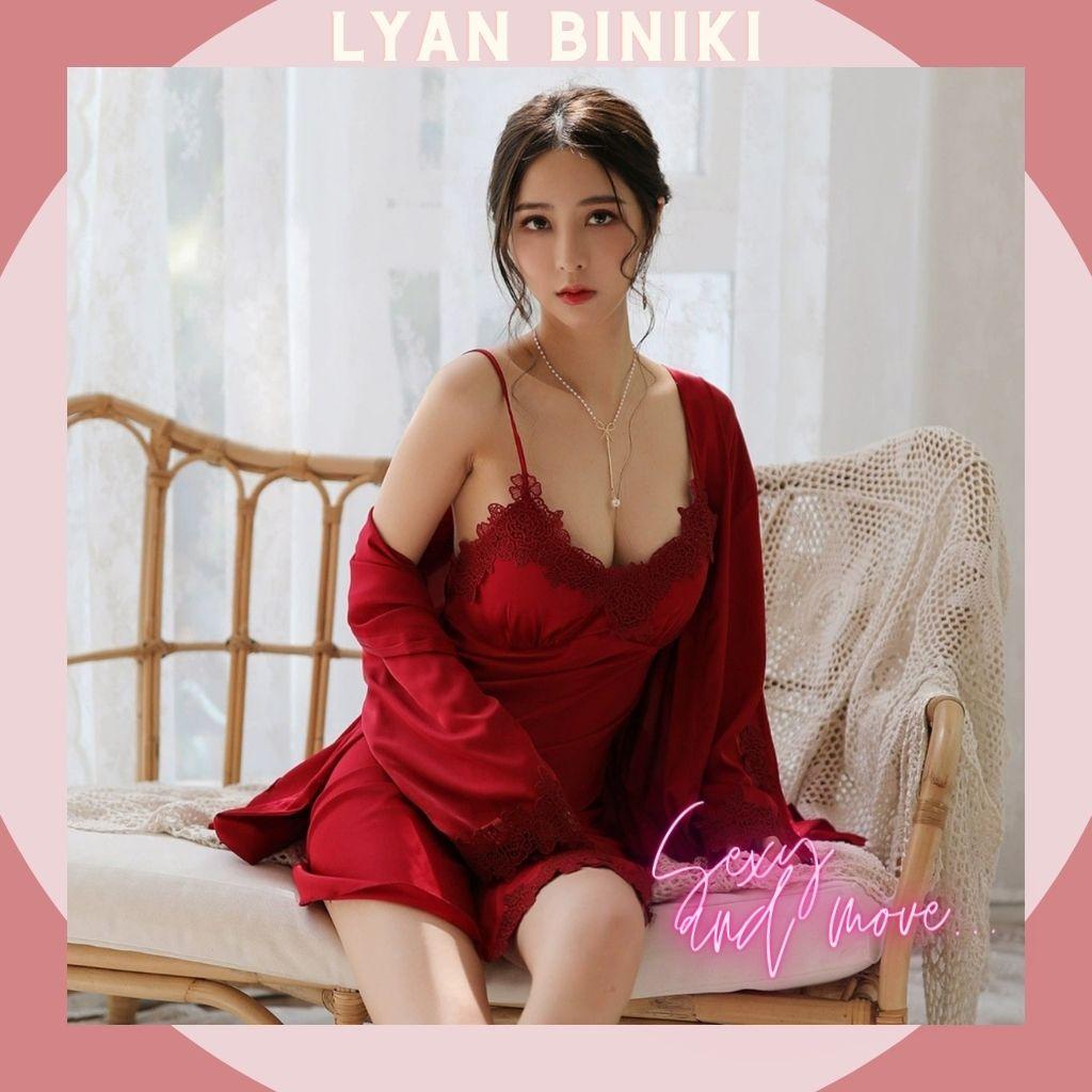 Set váy ngủ áo choàng lụa Satin 2 dây phối ren cao cấp Sexy quyến rũ LYAN BIKINI L016