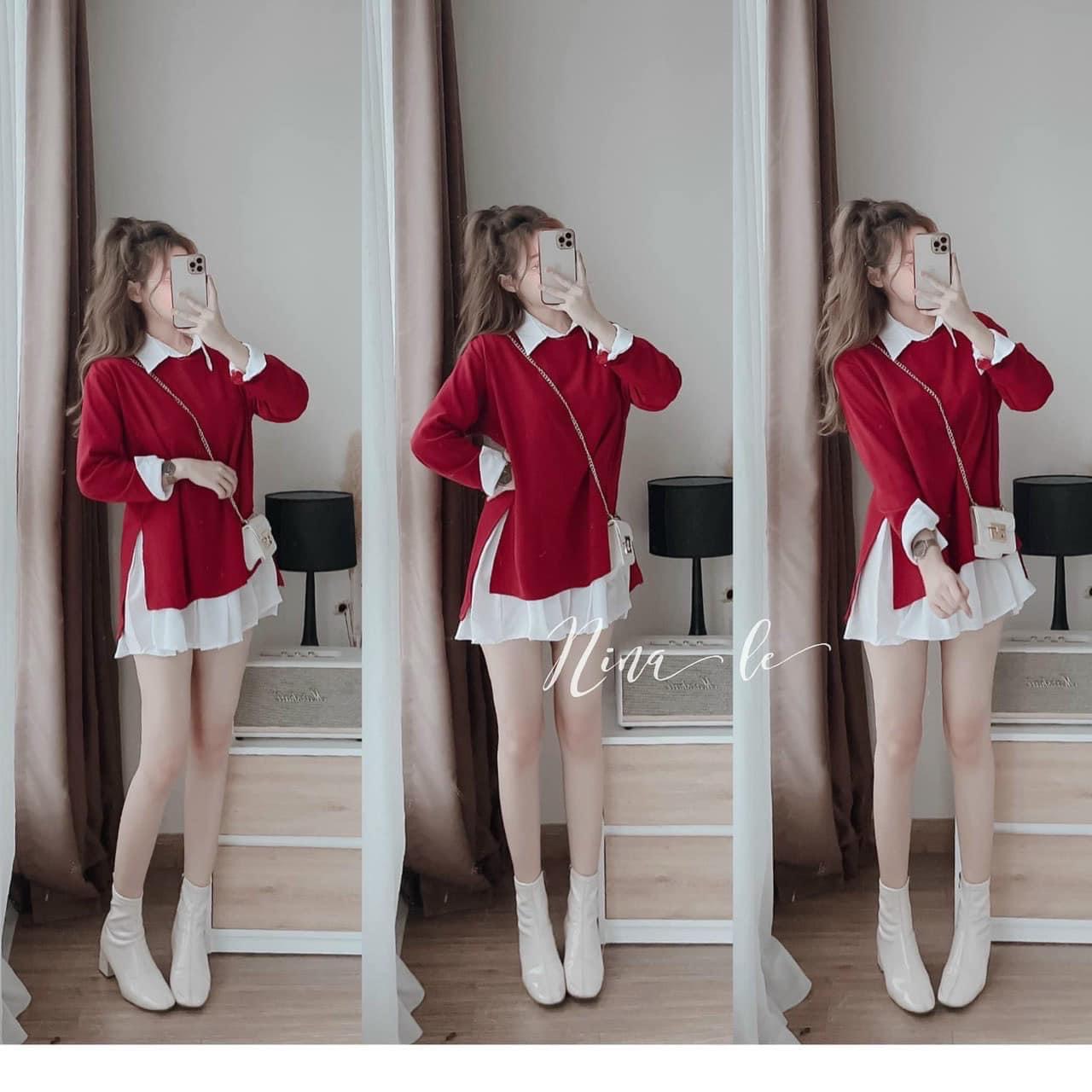 SET ĐẦM SƠ MI SUÔNG TRƠN VÁY XẾP LY NHẸ + ÁO THUN ĐỎ TRƠN TAY DÀI DẠO PHỐ DỰ TIỆC GIÁNG SINH NOEL