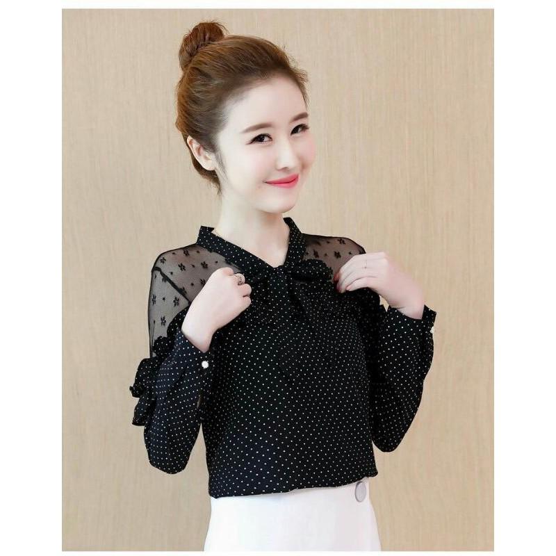 Áo sơ mi chấm bi cổ nơ- sơ mi điệu đà cho bạn gái
