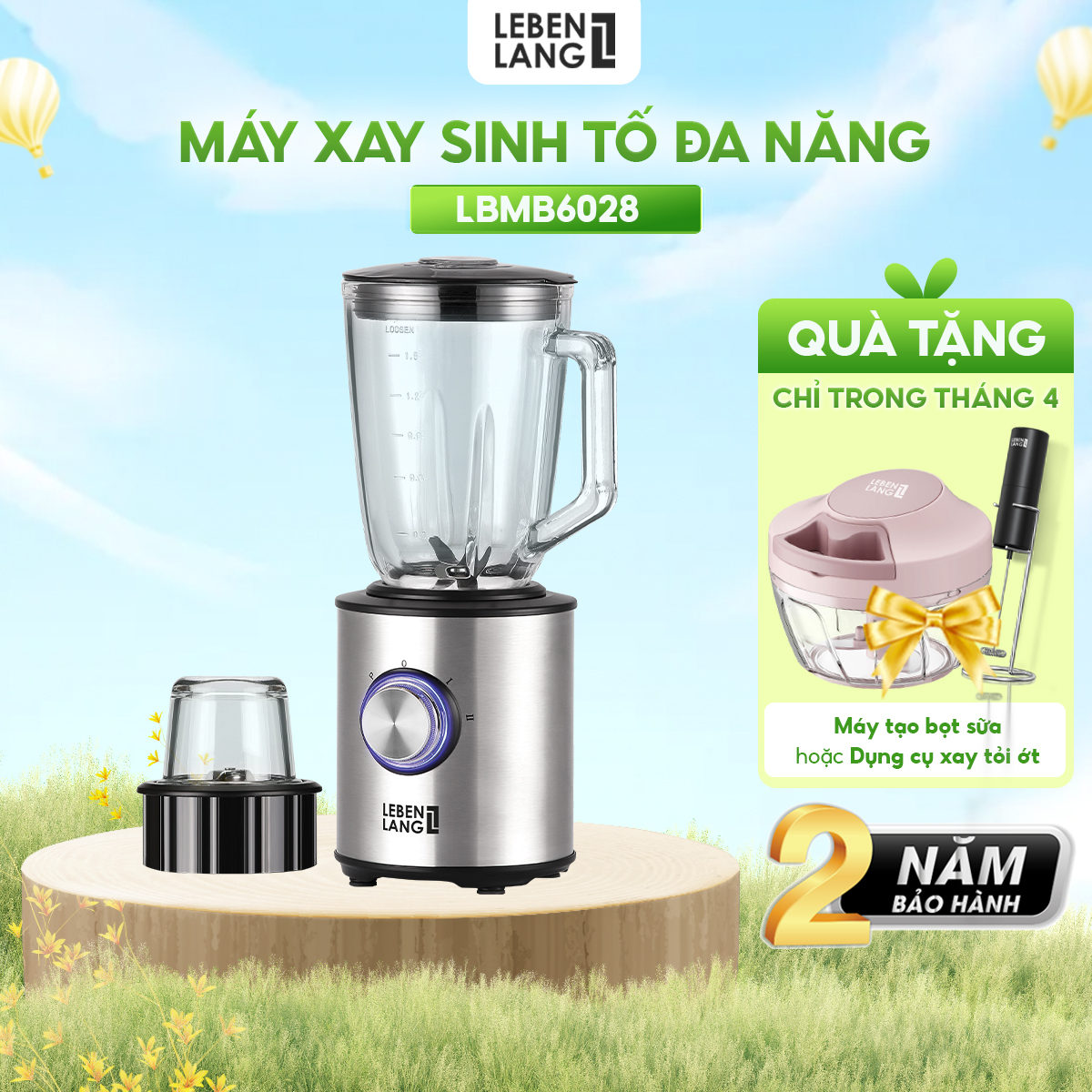 Máy xay sinh tố LEBENLANG gồm 2 cối xay tích hợp bình chứa dung tích 1,5l, công suất 800W, model LBMB6028 - hàng chính hãng