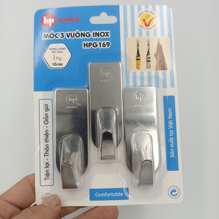 Bộ 3 móc dán tường vuông inox xịn siêu chắc