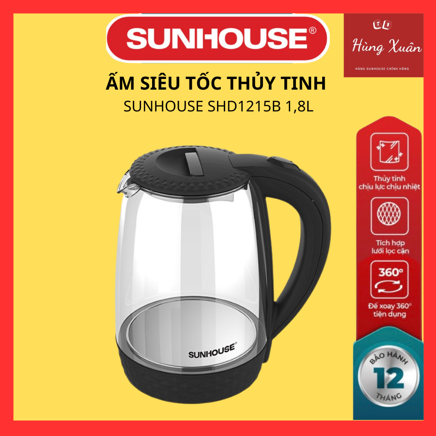 Ấm Siêu Tốc Thủy Tinh Sunhouse SHD1215B - Hàng Chính Hãng