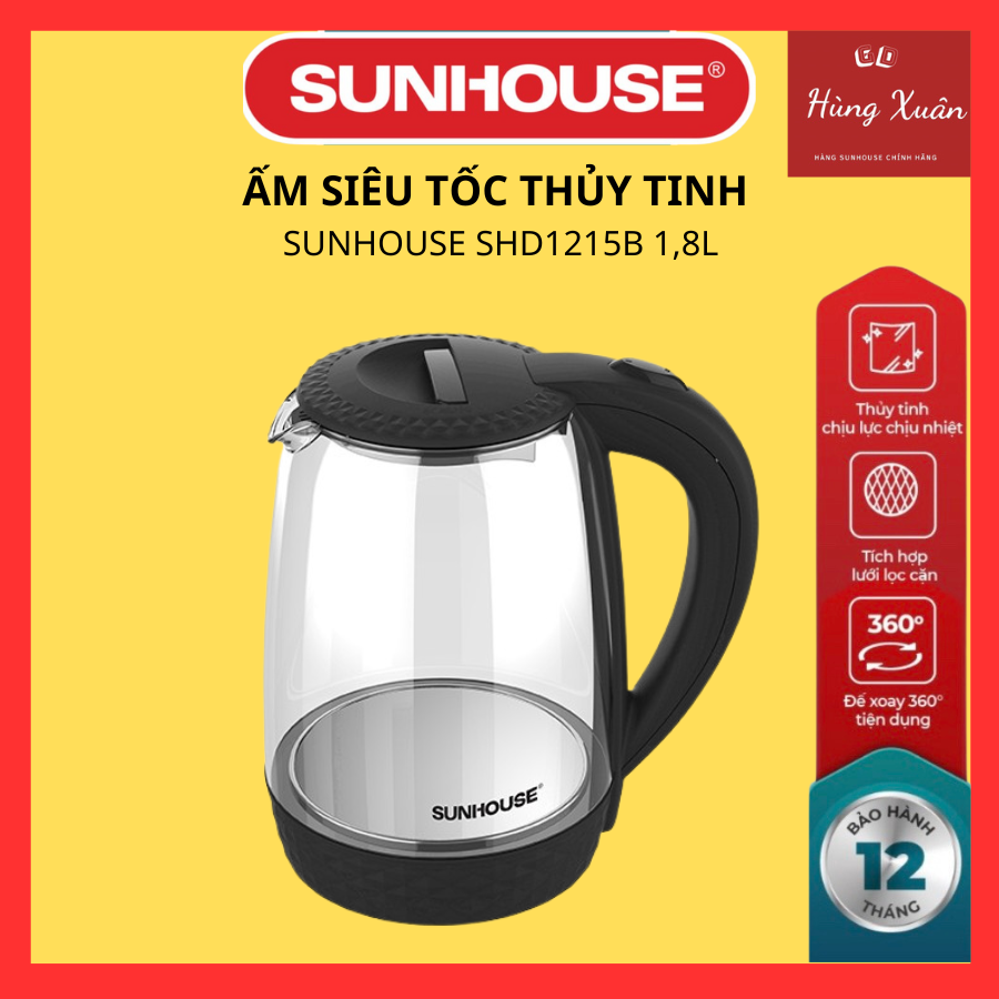 Ấm Siêu Tốc Thủy Tinh Sunhouse SHD1215B (Đen) - Hàng Chính Hãng