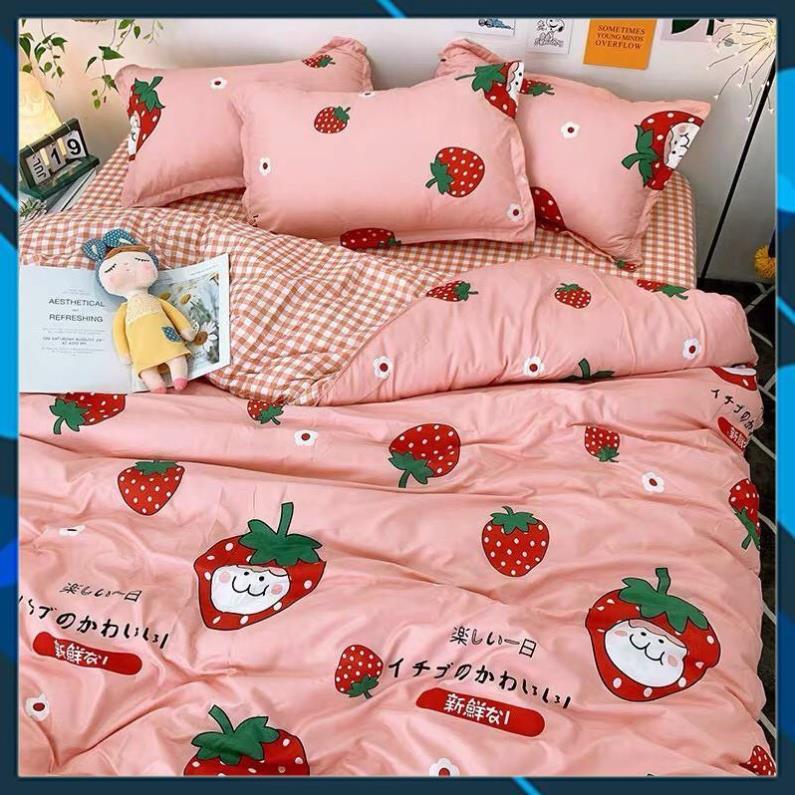 Bộ chăn ga gối Cotton poly bedding quả dâu baby, vỏ chăn mền, drap giường và 2 vỏ gối