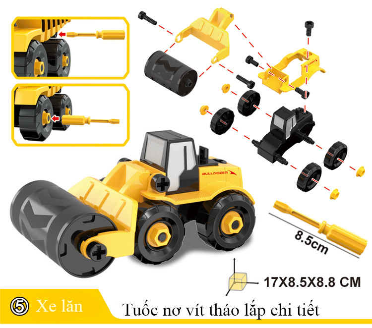 Bộ đồ chơi lắp ráp xe công trình KAVY  gồm 6 xe kèm hộp đựng, tua vít, nhựa nguyên sinh kích thích tính thực hành của bé