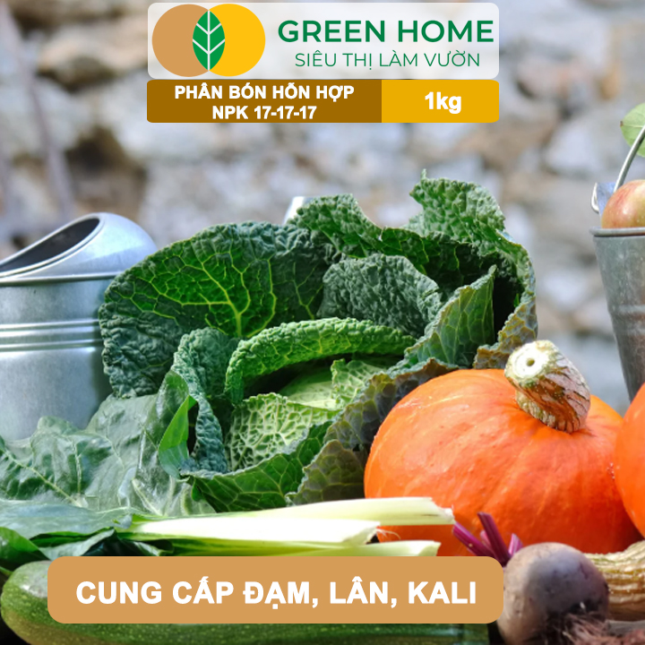 Phân NPK 17-17-17 GreenHome, Minro, Bao 1Kg, Thân Lá Khỏe Mạnh, Đậu Quả, Bộ Rễ Mạnh, Năng Suất Cao