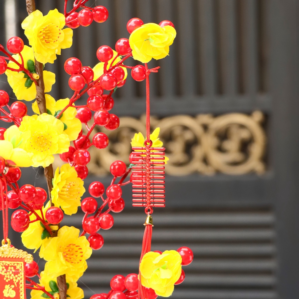Chậu cây sắc đỏ vàng trang trí tết mừng xuân cao 50cm